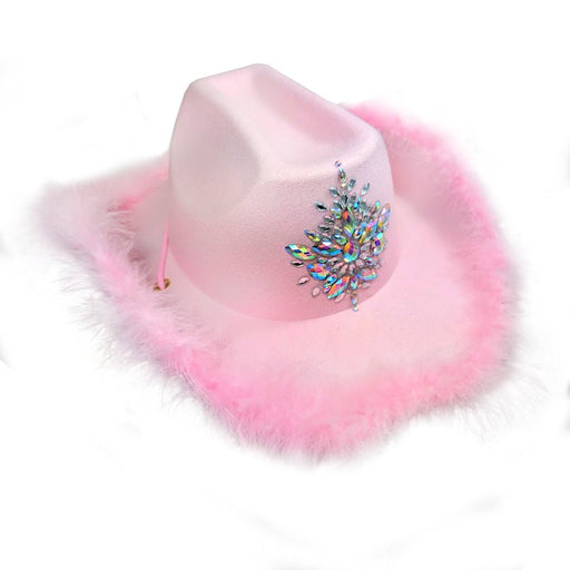 Deluxe Pink Festival Cowgirl Hat with Rhinestones and Furry Fluffy Trim - Everything Party