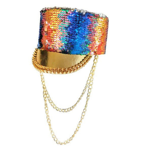 Deluxe Rainbow Festival Cap with Sequins Studs and Gold Chain - Everything Party