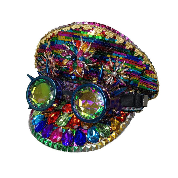 Deluxe Rainbow Festival Hat with Sequins Studs Rhinestones and Goggle - Everything Party