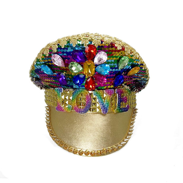 Deluxe Rainbow Festival Hat with Sequins Studs Rhinestones and LOVE - Everything Party