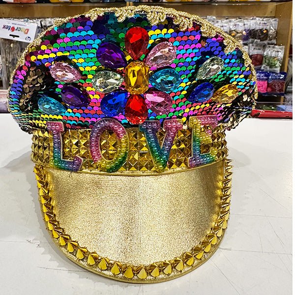 Deluxe Rainbow Festival Hat with Sequins Studs Rhinestones and LOVE - Everything Party