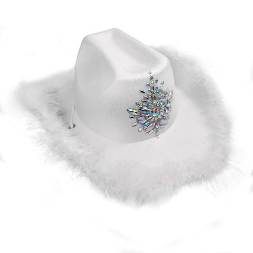 Deluxe White Festival Cowgirl Hat with Rhinestones and Furry Fluffy Trim - Everything Party