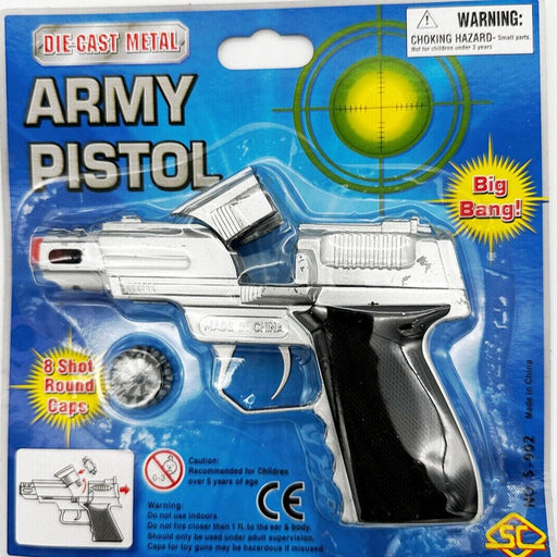Die Cast Metal Silver Army Toy Cap Gun 14cm - Everything Party