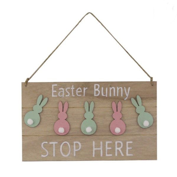 Easter Bunny Stop Here Plaque Wooden Hanging Sign - Everything Party