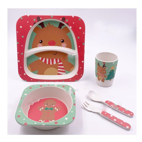 Frankie & Me 5 Piece Kids Christmas Bamboo Fibre Dining Set - Rudolph - Everything Party