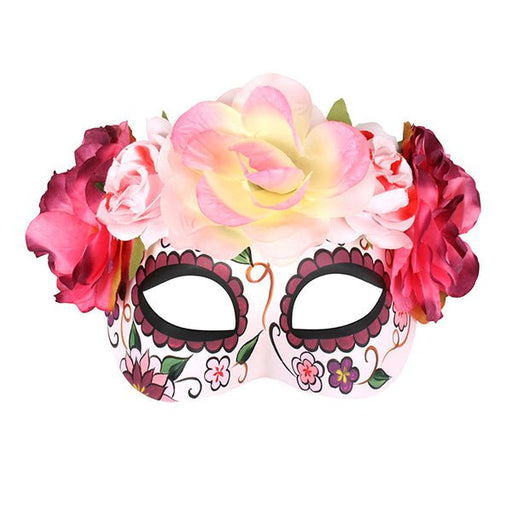 Frida Soft Pink Flowers Day of the Dead Sugar Skull Deluxe Masquerade Mask - Everything Party