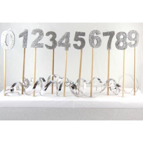 Glitter Numeral Candle with Long Stick - Silver - Everything Party