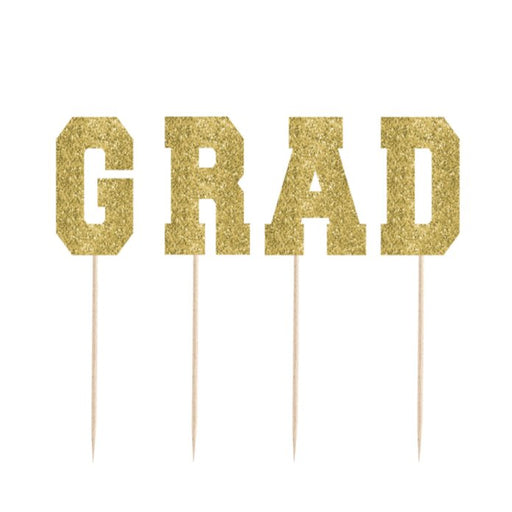 Gold Glitter GRAD Picks Graduation Cake Topper - Everything Party
