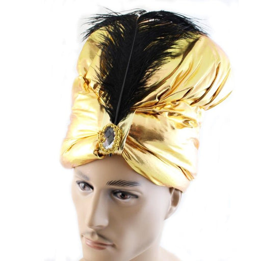 Gold Turban Hat with Diamond and Feather - Everything Party