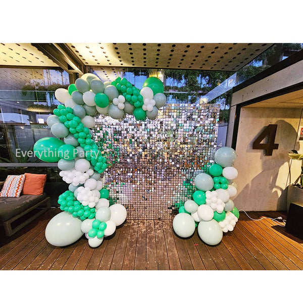 Green & White & Grey Balloon Garland with Silver Shimmer Wall - Everything Party