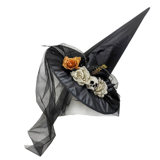 Halloween Deluxe Witch Hat with Skull Flowers and Veil - Everything Party