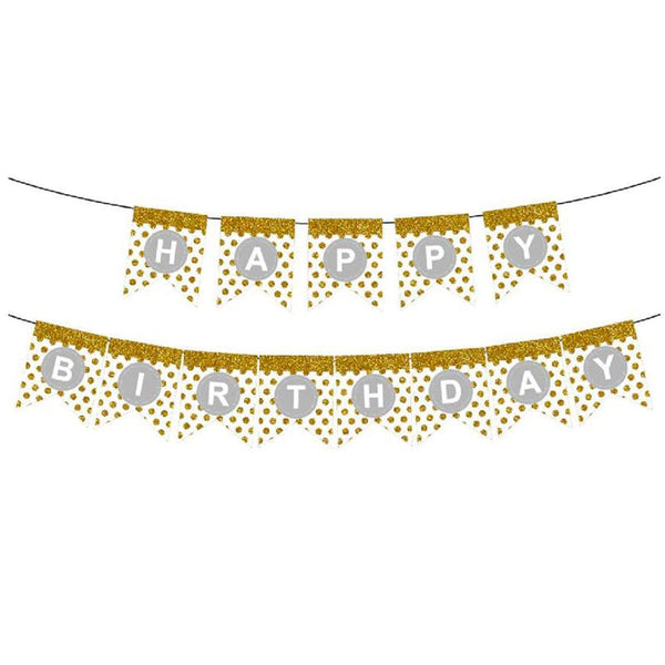 Happy Birthday Banner with Glitter Dots - White & Gold - Everything Party