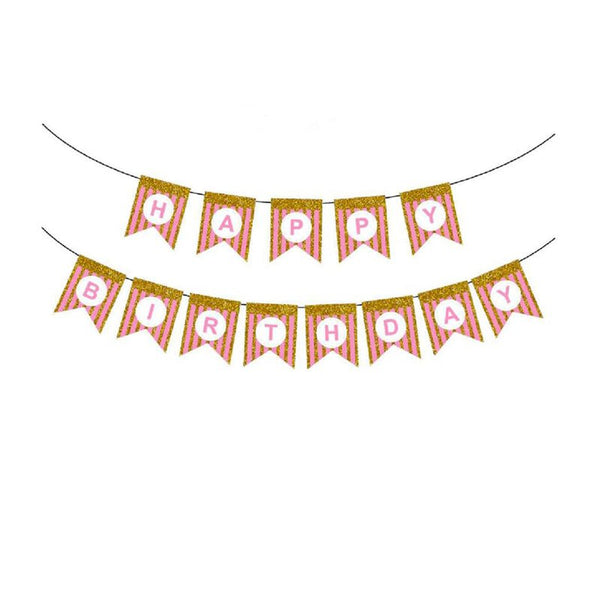 Happy Birthday Banner with Glitter Stripe - Pink & Gold - Everything Party