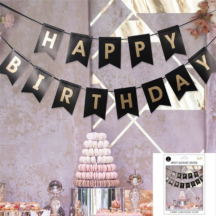 Happy Birthday Foil Printed Banner - Gold & Black - Everything Party