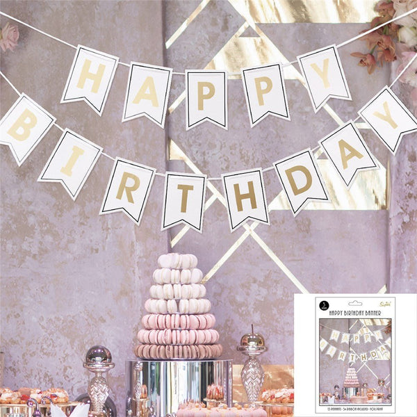 Happy Birthday Foil Printed Banner - Gold & White - Everything Party