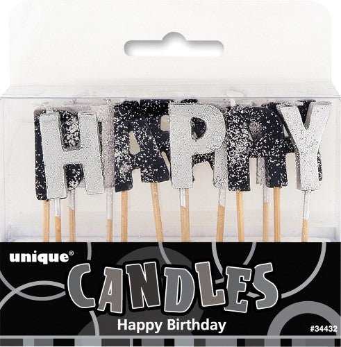 Happy Birthday Glitter Candle - Black & Silver - Everything Party