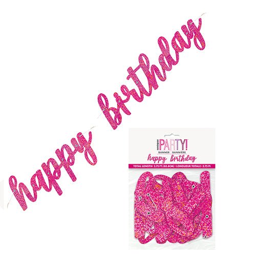 Happy Birthday Prismatic Pink Foil Script Jointed Banner 83.8cm (2.75') - Everything Party
