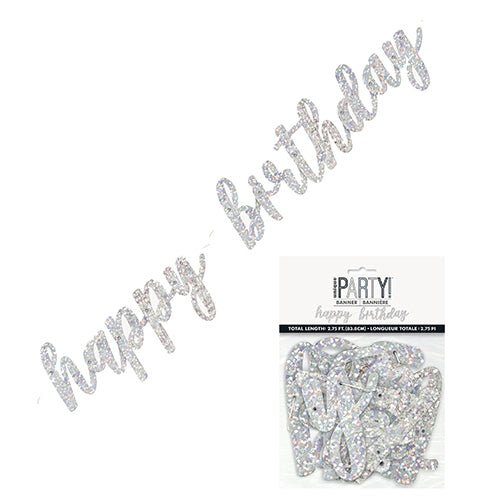 Happy Birthday Prismatic Silver Foil Script Jointed Banner 83.8cm (2.75') - Everything Party