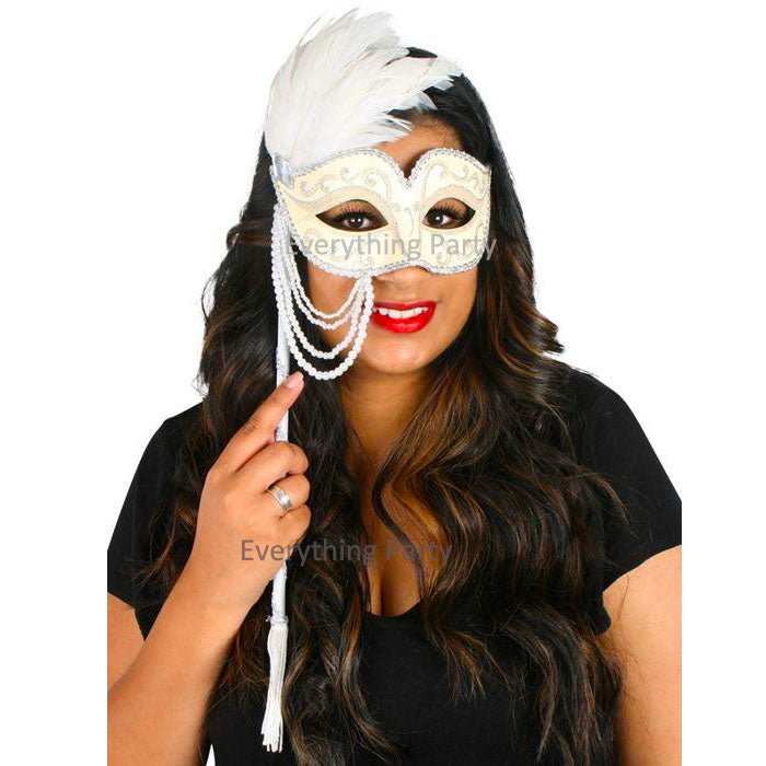 Jenna Cream & Silver with Stick Masquerade Eye Mask - Everything Party