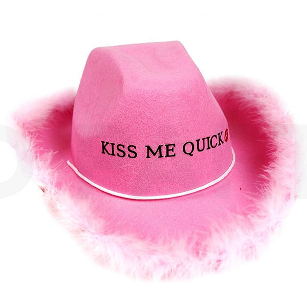 Kiss Me Quick Pink Cowboy/Cowgirl Hat with Feather Trimmed - Everything Party