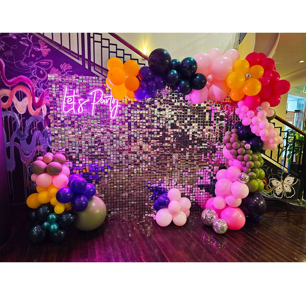 Mardi Gras Party Balloon Garland with Silver Shimmer Wall and Neon Sign - Everything Party