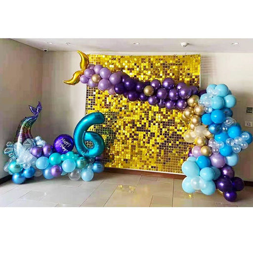 Mermaid Balloon Garland on Gold Sequins Backdrop Stand - Everything Party