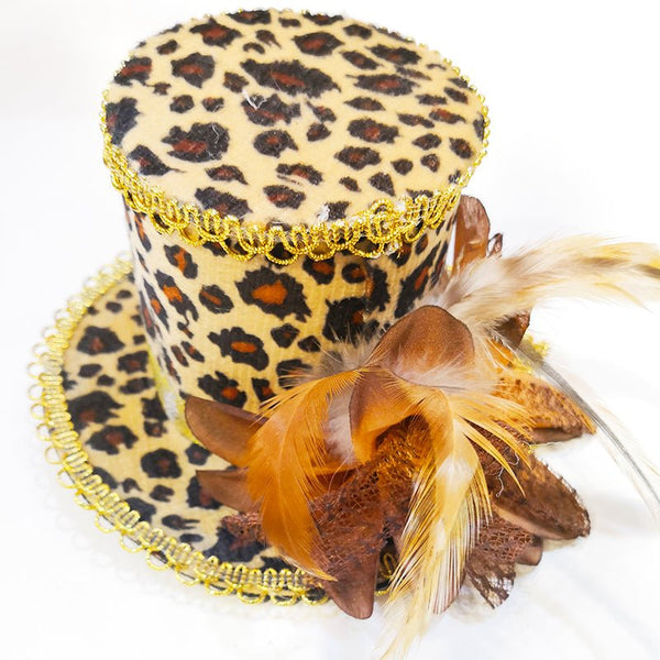 Mini Leopard Print Top Hat with Feather Flower and Hair Clip - Everything Party
