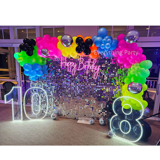 Neon Disco Birthday Balloon Garland with 3m Shimmer Wall and Neon Signs - Everything Party