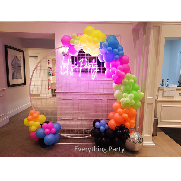 Neon Disco Party Balloon Garland with White Mesh Backdrop and Neon Sign - Everything Party