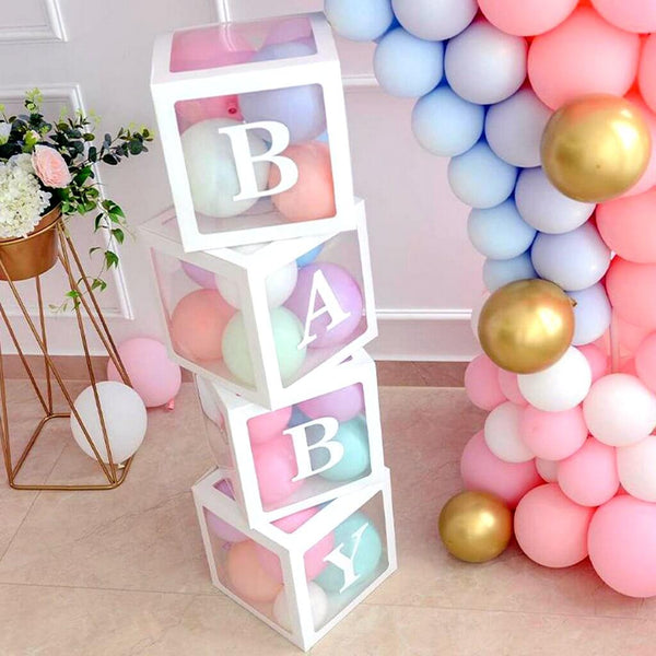 Party Hire - 'BABY' White Boxes Transparent Baby Shower Balloon Box with Balloons - Everything Party