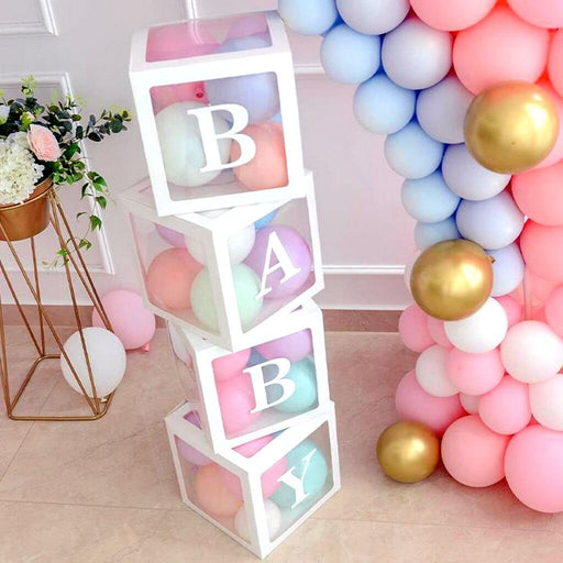 Party Hire - 'BABY' White Boxes Transparent Baby Shower Balloon Box with Balloons - Everything Party