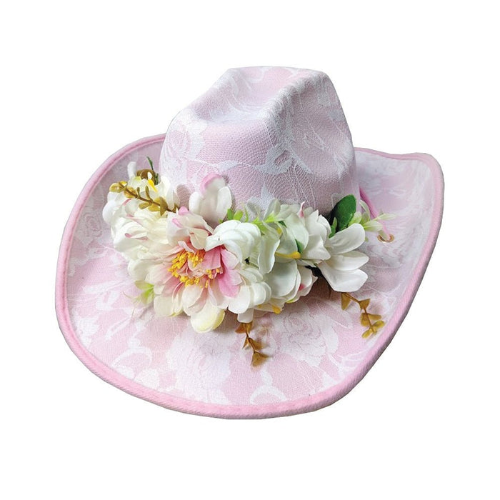Pink Lacy Festival Cowboy Hat with Flowers - Everything Party