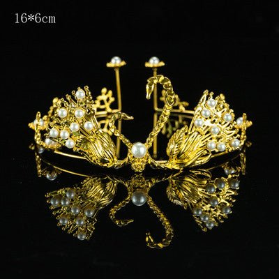 Premium Large Metal Tiara with Pearl and Swan Cake Decoration - Gold - Everything Party