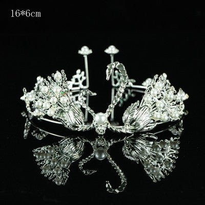 Premium Large Metal Tiara with Pearl and Swan Cake Decoration - Silver - Everything Party