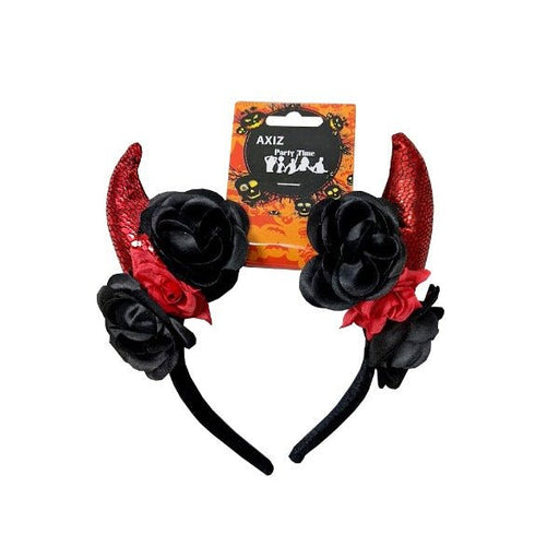 Red Glitter Devil Horn Headband with Roses - Everything Party