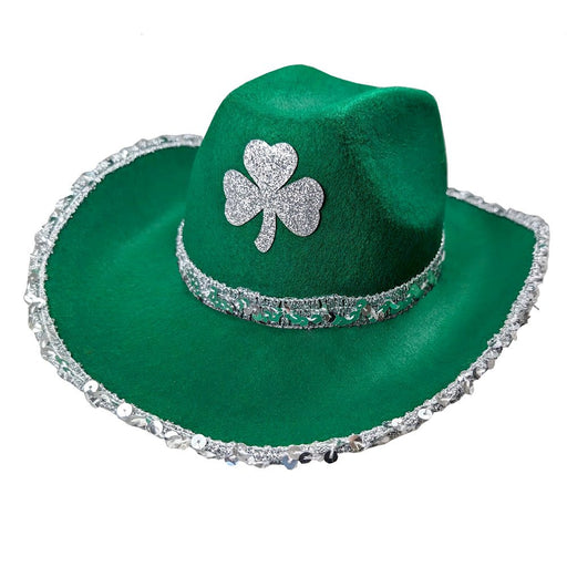 St Patrick's Day Green Cowboy Hat with Silver Shamrock - Everything Party