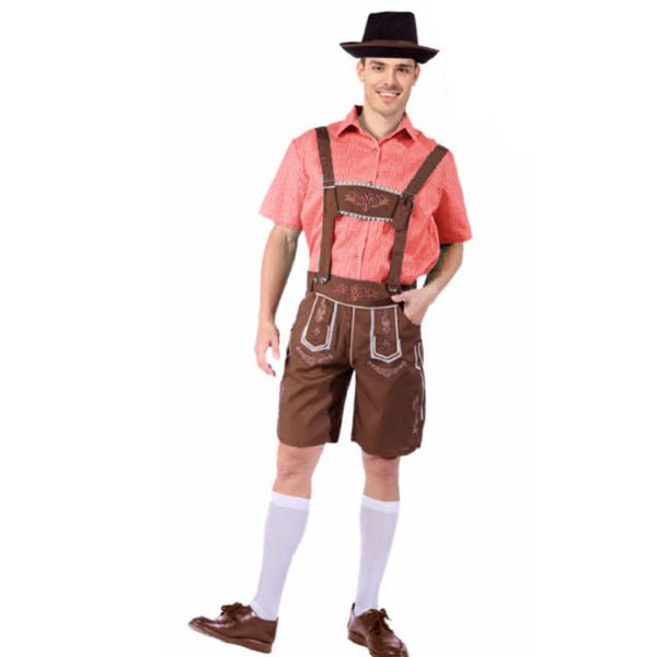 Traditional Oktoberfest Red Checkered Lederhosen Bavarian Beer Man Costume - Everything Party