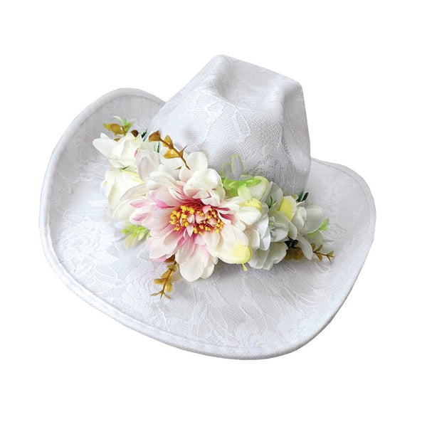 White Lacy Festival Cowboy Hat with Flowers - Everything Party