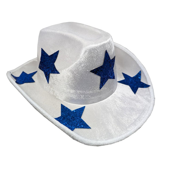 White Satin Festival Cowboy Hat with Metallic Blue Stars - Everything Party