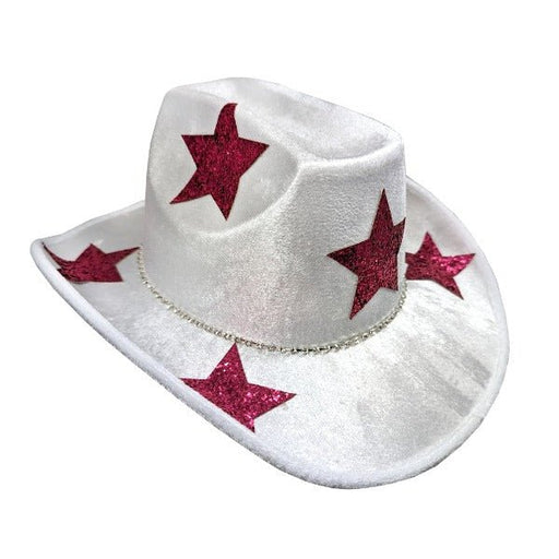 White Satin Festival Cowboy Hat with Metallic Pink Stars - Everything Party