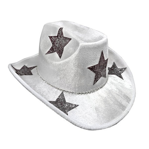 White Satin Festival Cowboy Hat with Metallic Silver Stars - Everything Party